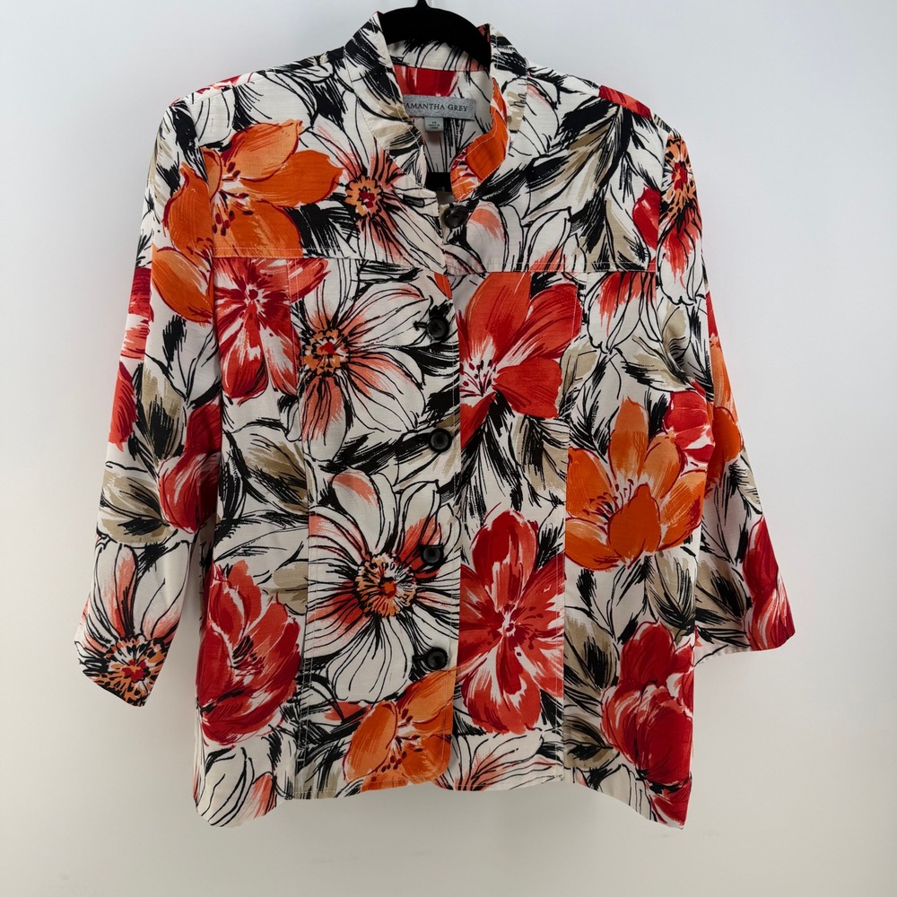 Samantha Grey Blazer Jacket Womens 14 Orange Red White Floral Button Up Lined